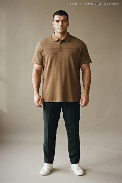 Maccali Brown Plus Size Men's Polo Neck T-Shirt with Print Detail