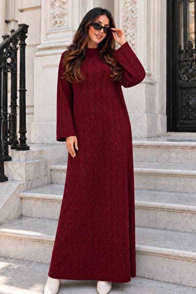 benguen Knitted Patterned Knitwear Dress K3031 Claret Red