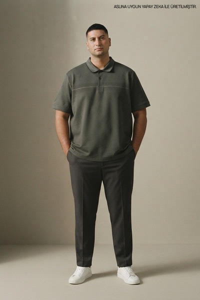 Maccali Khaki Plus Size Men's Striped Polo Collar T-Shirt