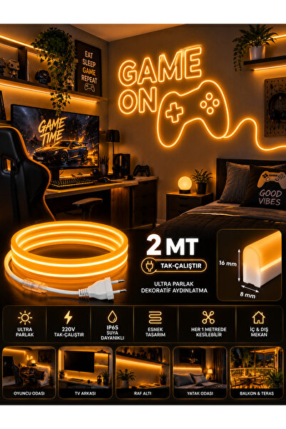 Borsan 2 Metre Amber Neon LED 220V TAK ÇALIŞTIR IP65 Esnek Hortum LED Ultra P...