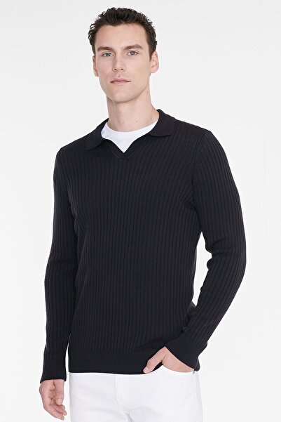 AC&Co / Altınyıldız Classics Erkek Lacivert Standart Fit Normal Kesim Polo Yaka Jakarlı Triko Kazak