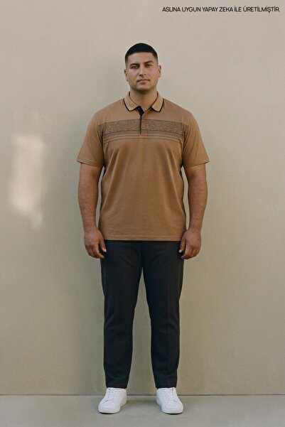 Maccali Brown Plus Size Men's Textured Banded Polo Collar T-Shirt