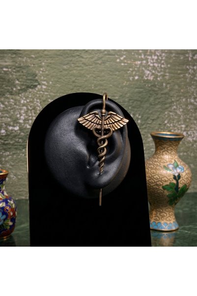 Asklepios Yılan Figürlü Kıkırdak Küpe Ear Cuff - Antik Sarı