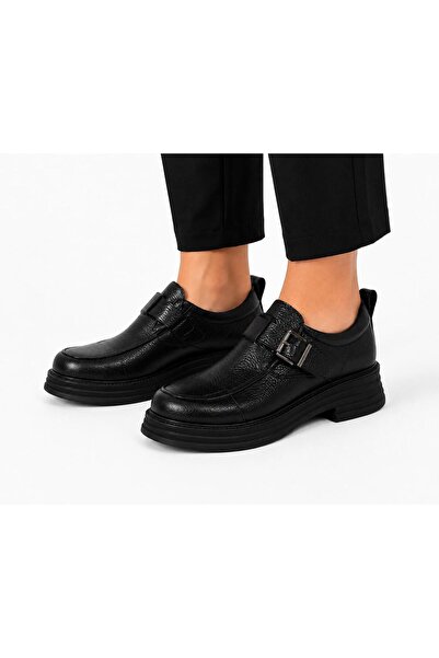 Butik Noble Shoes Genuine Leather Black Thick Sole Women's Loafer