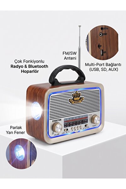 İmza Çiçek & Hediye Nostaljik Ahşap Görünümlü Şarjlı Radyo & Bluetooth Hoparlör El Fenerli Taşınabilir Kamp Radyosu A Kalite
