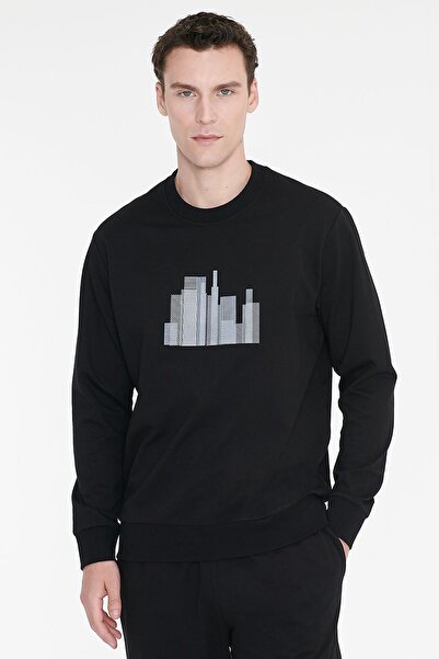 AC&Co / Altınyıldız Classics Erkek Siyah Pamuklu Standart Fit Normal Kesim Bisiklet Yaka Sweatshirt