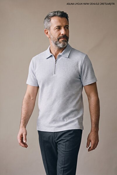 Maccali Light Blue Men's Waffle Textured Zippered Polo Collar T-Shirt