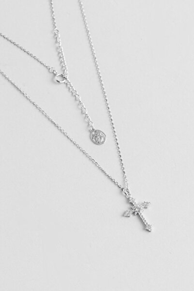So CHIC... Grace 18 Ayar Beyaz Altın Kaplama 45 Cm Gümüş Cross Kolye