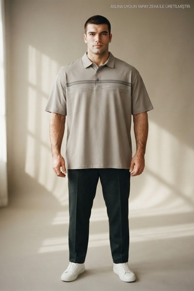 Maccali Gray Plus Size Men's Printed Banded Polo Collar T-Shirt