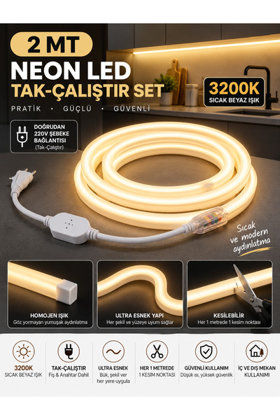 Noas Led NOAS YL42-0002 Neon LED 3200K Gün Işığı 220V 2 Metre Kablolu Fişli T...
