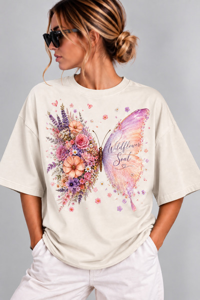 Çiçek ve Kelebek Oversize T-Shirt