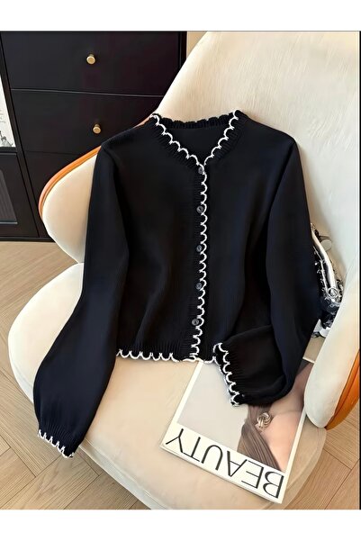 NATUFIAN STORE Women's Contrast Edged Basic Tube Sleeve Knitwear Cardigan