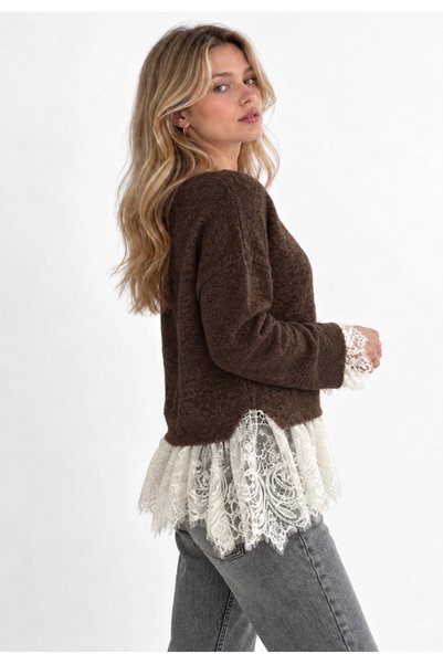 NATUFIAN STORE Women's Long Lace Detailed V-Neck Soft Basic Knitwear Cardigan