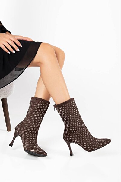 tual shoes Γυναικείες μπότες από καφέ σουέντ με πέτρες - Μπότες με μυτερή μύτ...