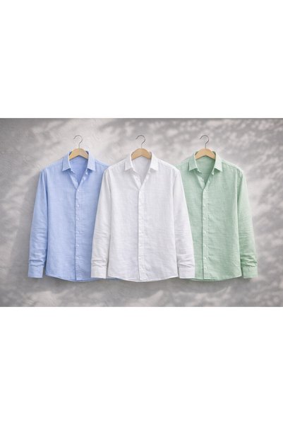 pepule Economical 3-Piece Muslin Linen Men's Shirt Set – Summer, Breathable, ...