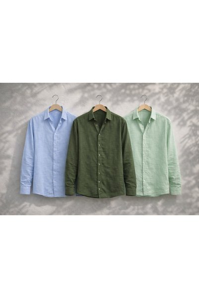 pepule Economical 3-Piece Muslin Linen Men's Shirt Set – Summer, Breathable, ...