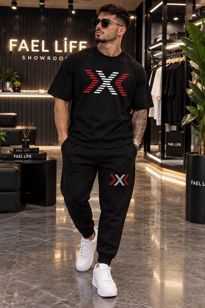 FAEL LİFE New Season Trend Unisex T-Shirt and Sweatpants Set with Arrow X Print