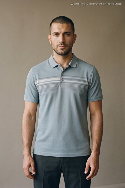 Maccali Ice Blue Men's Striped Banded Oxford Polo Collar T-Shirt