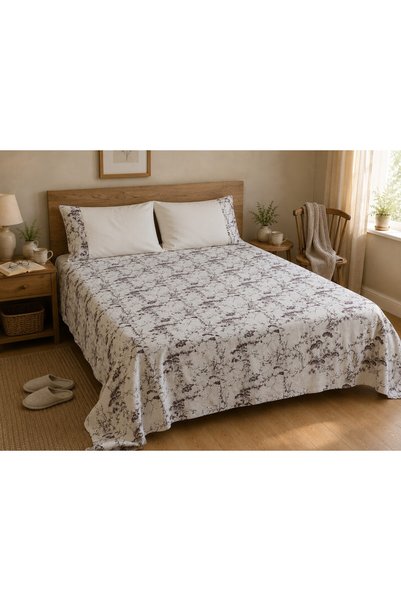shules collection Kizilçam Vintage Plain Pique Set – White with Burgundy Japanese Pine Pattern – Single, Double and King Size