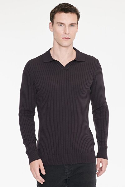 AC&Co / Altınyıldız Classics Erkek Kahverengi Standart Fit Normal Kesim Polo Yaka Jakarlı Triko Kazak