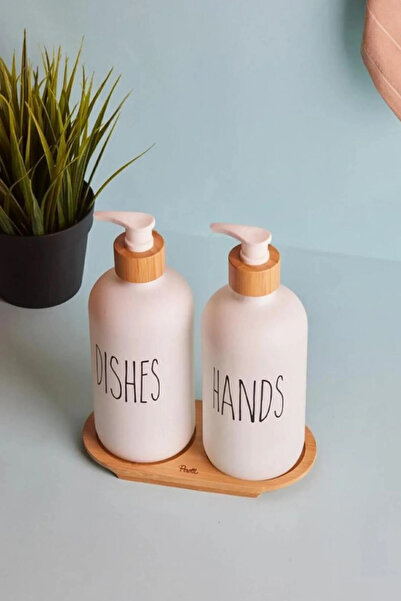 Lotion 2’li Beyaz Mutfak Sıvı Sabunluk Seti 500ml+500ml Bambu Tepsili