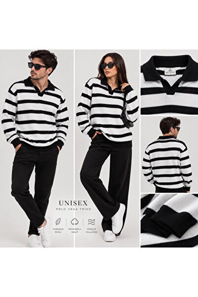 Unisex Polo Yaka Siyah Beyaz Desenli Uzun Kollu