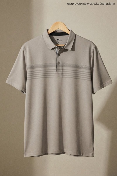 Maccali Gray Plus Size Men's Polo Neck T-Shirt with Print Detail
