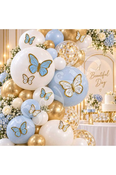 BeySüS Mavi Beyaz Gold Detaylı Kelebek Balon Süsü 42’li
