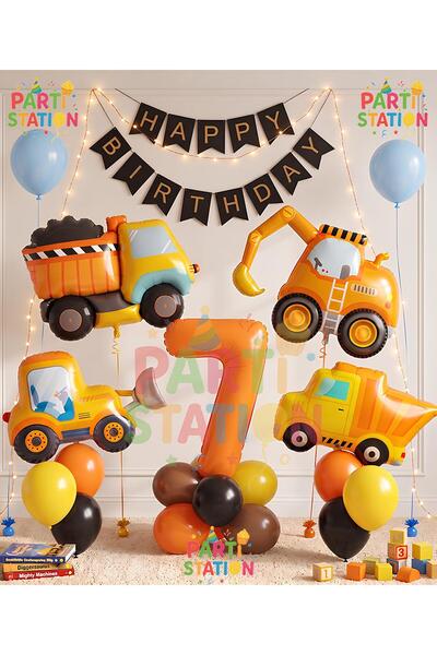 Parti Station Construction Machinery Themed Orange Number Balloon Set for Age...