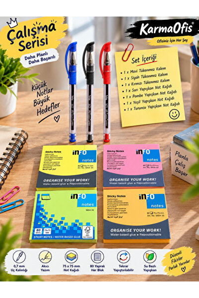 Faber Castell مجموعة أقلام حبر جاف وأوراق ملاحظات لاصقة - قلم أزرق أسود أحمر ...
