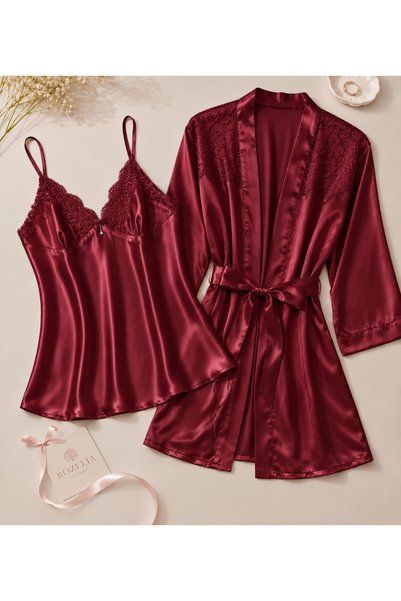 ROSELİA LİNGERİE Plus Size Satin Lace Nightgown and Robe Set Double Dowry Set