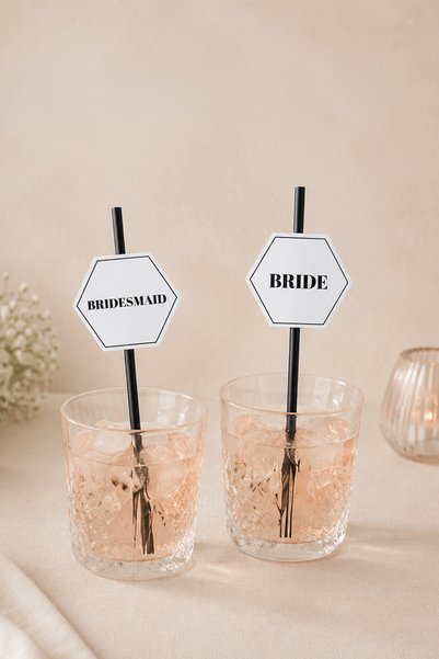 ATOLYE498 10 Pieces Bachelor Party Black and White Straw Set / Bride - Bridesmaid / Decorative Straw Set with Hexagonal Card