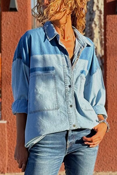 Güneşkızı Mavi Cepli Garnili Yıkamalı Yumuşak Dokulu Denim Salaş Dokuma Gömlek 55 70