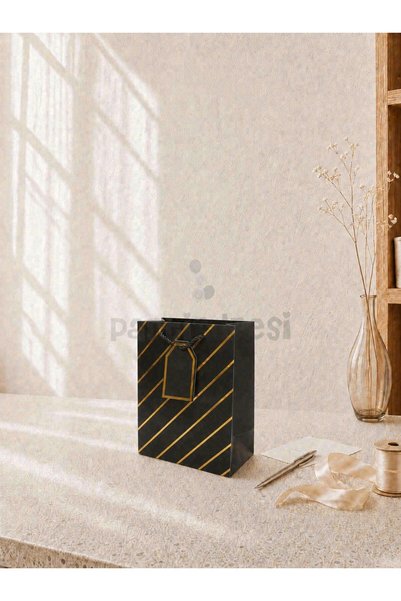 Parti Adresi Çizgili Karton Hediye Çantası – Etiketli Lux Alışveriş Çantası Siyah 18x23x10 cm