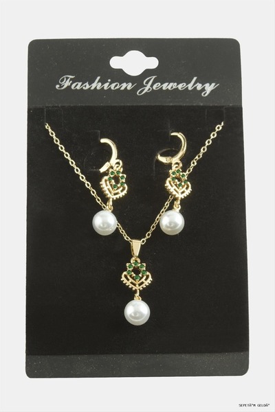 ZERO LAND Spt-Gld Heart Pearl Zircon Stone Set (170124) Necklace Green
