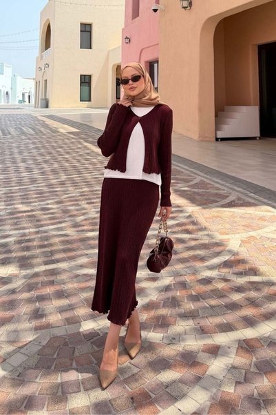 Şule Giyim Özüm Triple Ribbed Suit Plum