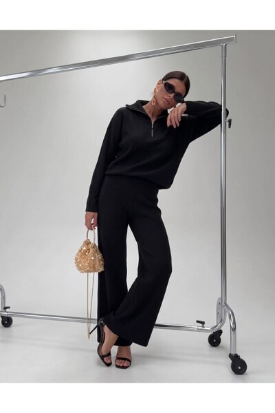 Noi Belis Half Zipper High Neck Ribbed Sweater Pants Knitwear Bottom-Top Set ...