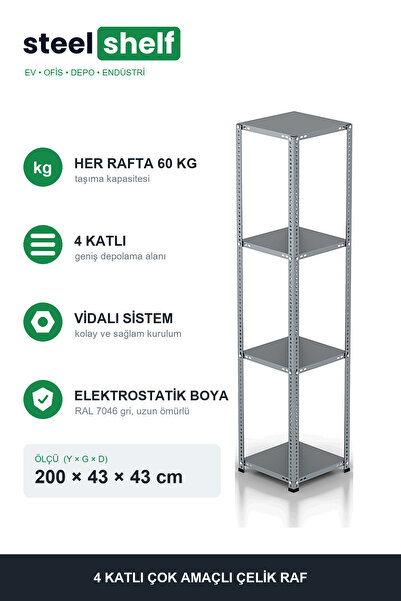 4 Katlı Gri Çelik Raf - Depo Arşiv Kiler Ofis Market Rafı 43x43x200 cm Metal Raf