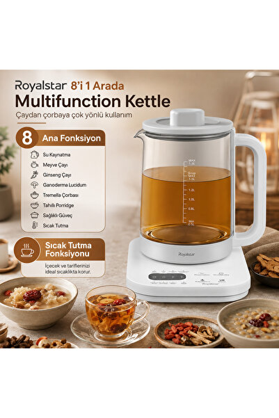 Royalstar 8in1 Çok Fonksiyonlu 1.8 Litre Cam Su Isıtıcı Elektrikli Kettle