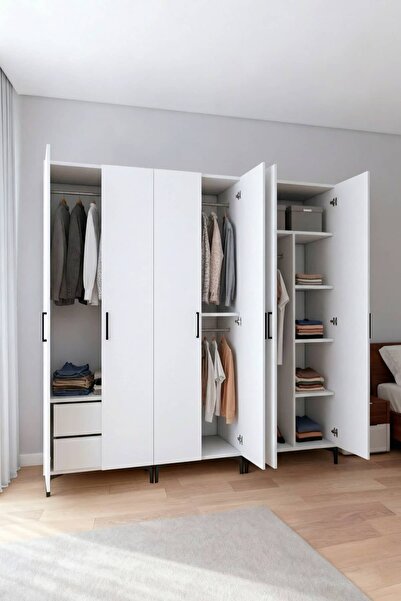 Gubimo Gubimo125 - 6 Kapılı Modüler Gardırop Beyaz – Çekmeceli Askılı ve Raf ...