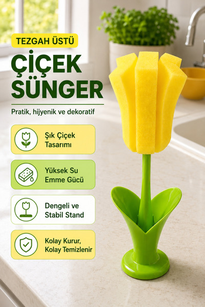 Anadolu Saray Çiçek Tasarımlı Standlı Bulaşık Süngeri Bardak ve Mutfak Temizl...