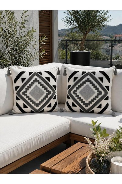 Maison Diane Home Eclipse Siyah-Gri Geometrik Desenli Püsküllü Punch 2'Li Dek...