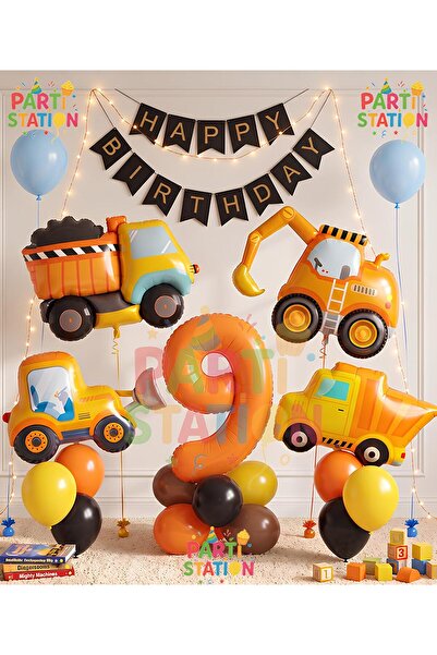Parti Station Construction Machinery Themed Orange Number Balloon Set for Age...