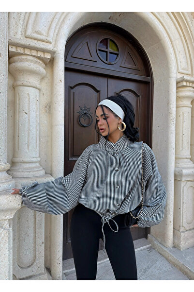 kırmızı butiks Black Gingham Balloon Sleeve Jacket