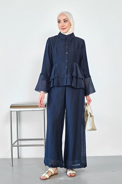 LOCCO Women's Flounce Detailed Pant Suit Navy Blue