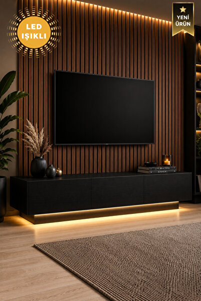 webotto 8 Almad Led Işıklı Siyah Tv Ünitesi Modern Uçan Tv Sehpası 3 Kapaklı ...