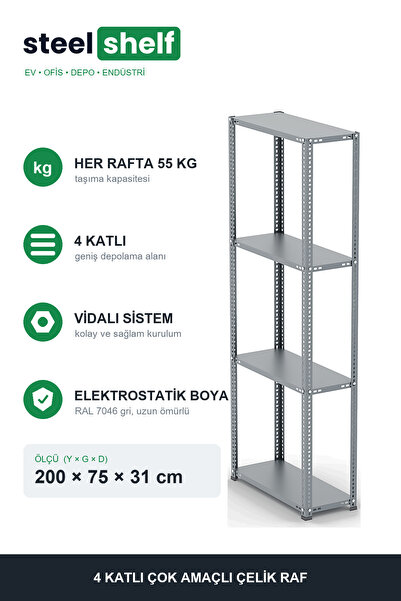 4 Katlı Galvaniz Çelik Raf - Depo Arşiv Kiler Ofis Market Rafı 31x75x200 cm Metal Raf