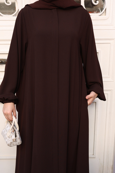 Berel Moda Hijab Dress Ferace Bitter Brown Mevlana Cut with Pockets Elastic Cuffs Crepe
