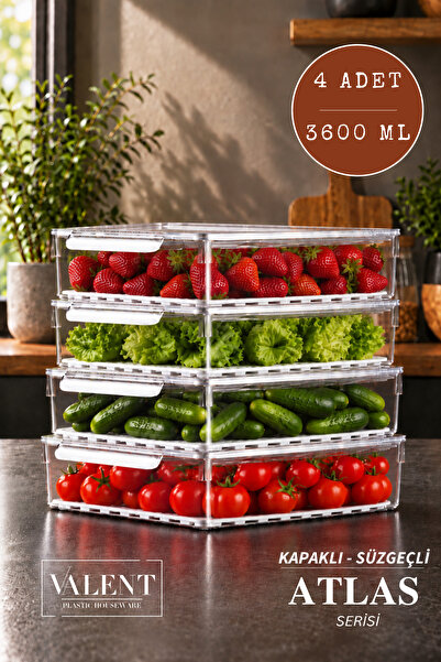 VALENT Atlas 4'lü 3600ML Süzgeçli Kapaklı Saklama Kabı Buzdolabı Düzenleyici ...