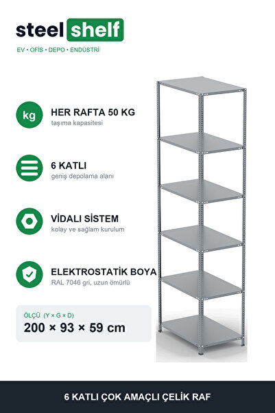 6 Katlı Galvaniz Çelik Raf - Depo Arşiv Kiler Ofis Market Rafı 59x93x200 cm Metal Raf